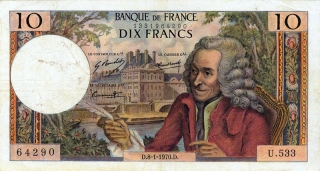 Homenaje a Voltaire en un billete bancario francés (de la segunda mitad del siglo XX )